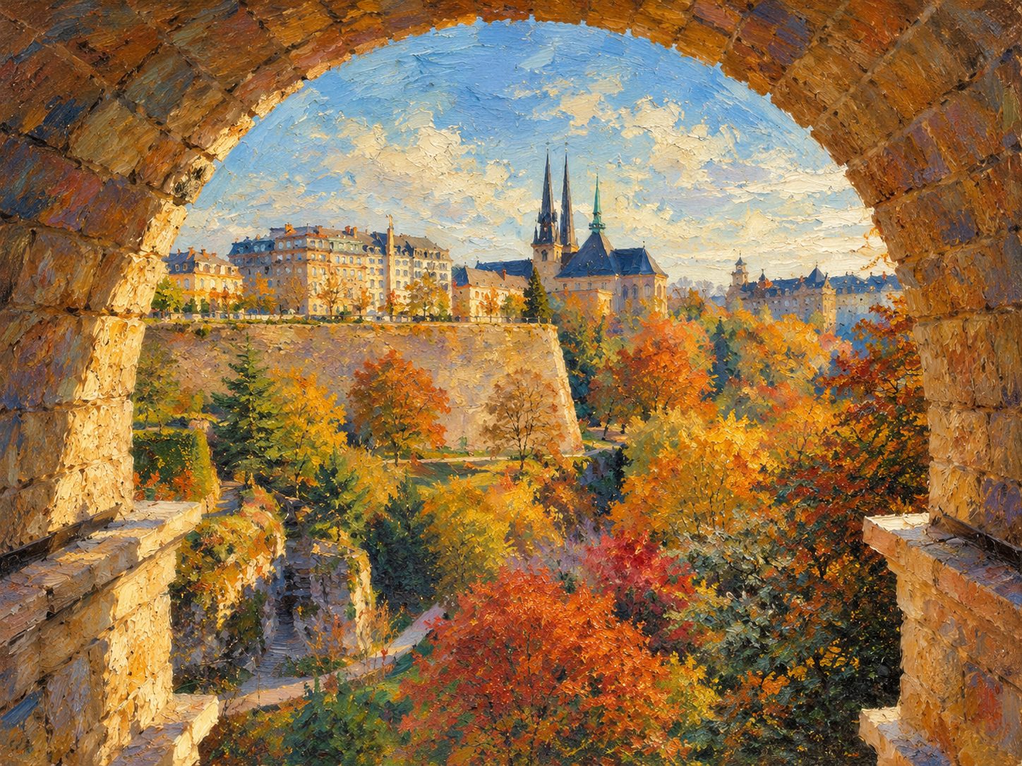 Painting of the fortress walls and Notre-Dame Cathedral seen through a sandstone arch above the Pétrusse valley in autumn, Luxembourg City